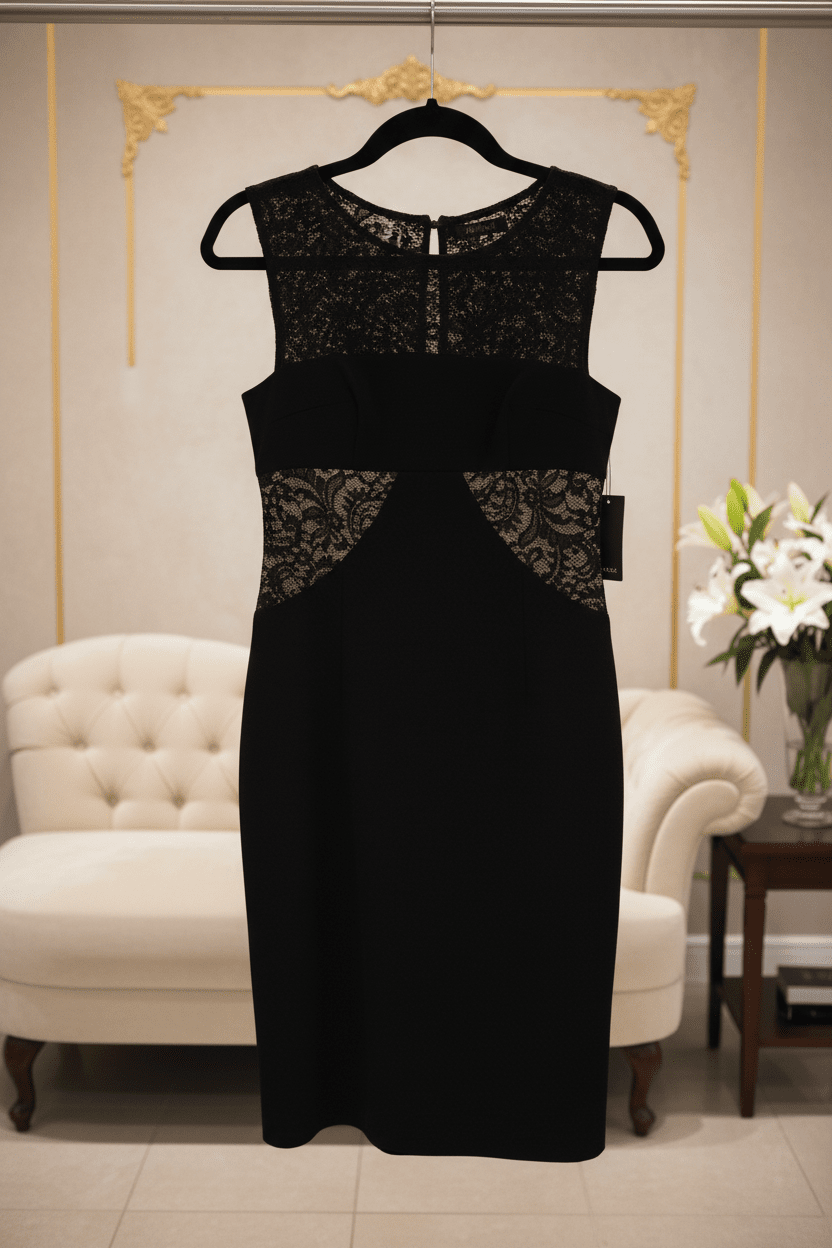 Brand New Vera Wang Elegant Black Sleeveless Sheath Dress with Intricate Lace Inserts in size 4 - All Seasons Curves