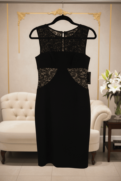 Brand New Vera Wang Elegant Black Sleeveless Sheath Dress with Intricate Lace Inserts in size 4 - All Seasons Curves