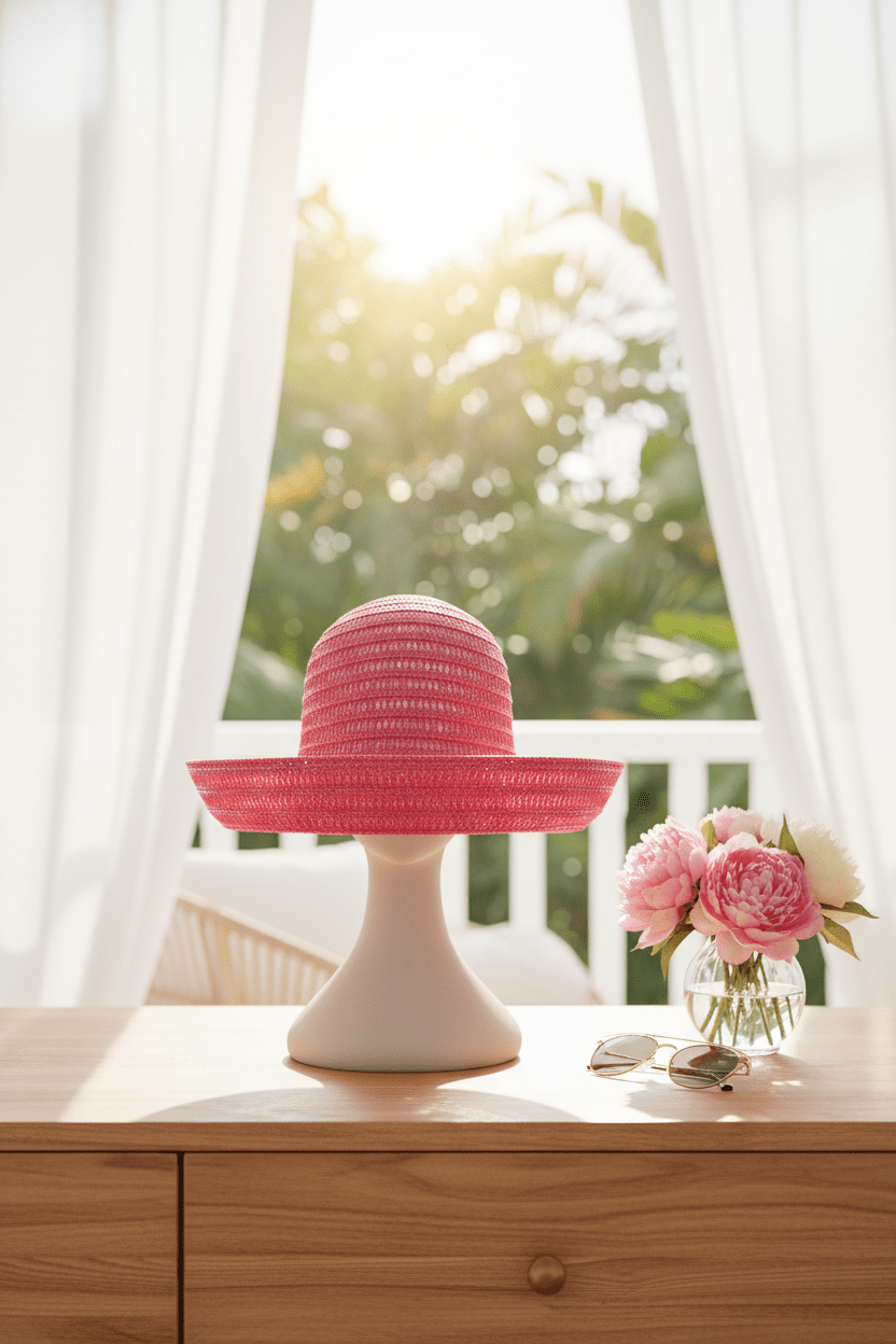 Vibrant Pink Woven Straw Wide - Brim Sun Hat - All Seasons Curves