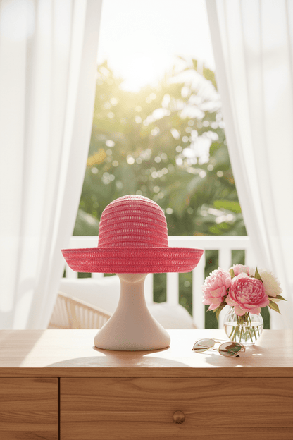 Vibrant Pink Woven Straw Wide - Brim Sun Hat - All Seasons Curves