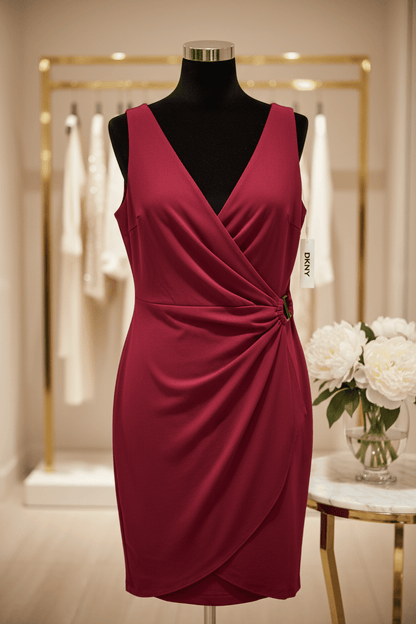 NWT DKNY V - Neck Sleeveless Side - Ruched Scuba - Crepe Sheath Dress Size 14 - All Seasons Curves