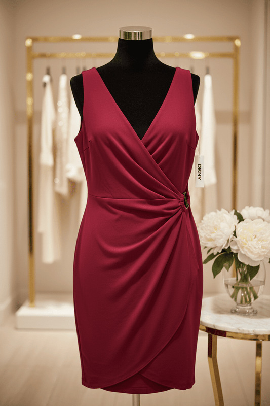 NWT DKNY V - Neck Sleeveless Side - Ruched Scuba - Crepe Sheath Dress Size 14 - All Seasons Curves