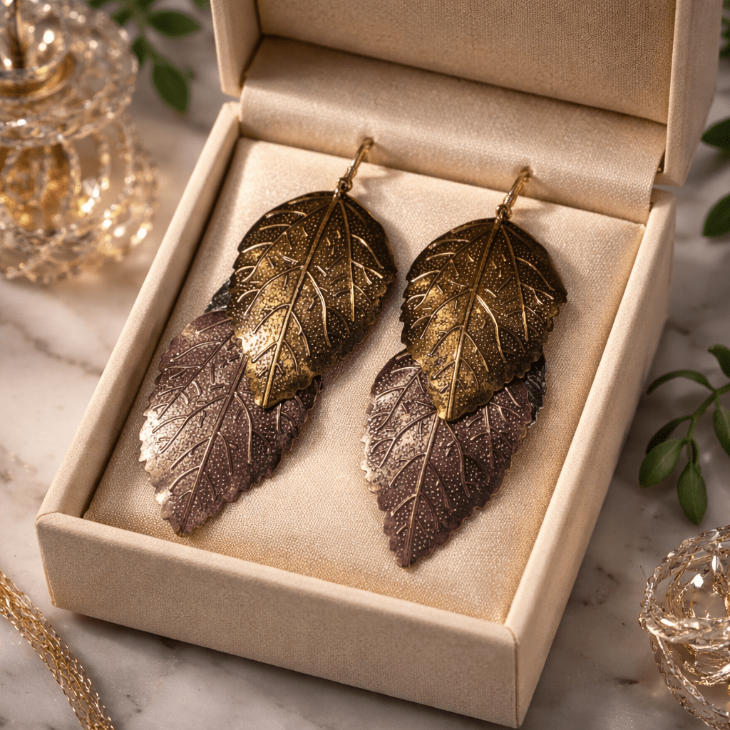 Boho Chic Tri - Tone Layered Leaf Dangle Earrings - All Seasons Curves