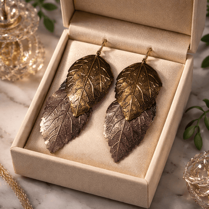 Boho Chic Tri - Tone Layered Leaf Dangle Earrings - All Seasons Curves