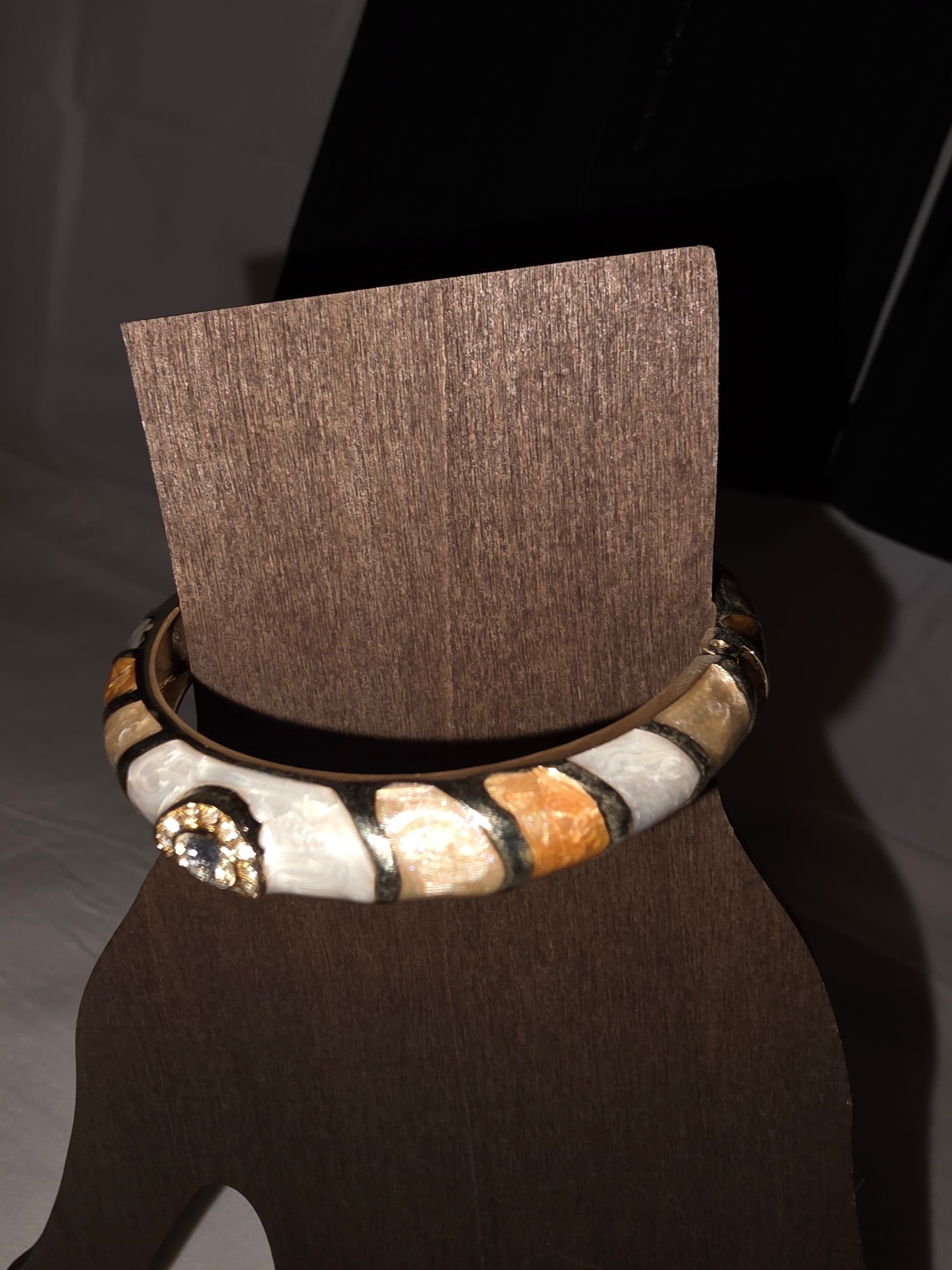 Bohemian Gold - Tone Hinged Bangle with Mother - of - Pearl & Enamel Inlay - All Seasons Curves