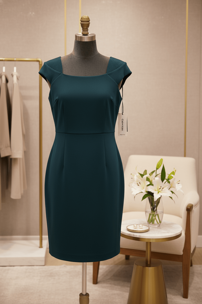 Calvin Klein Teal Scuba Cap Sleeve Square Neck Sheath Dress with Asymmetric Size 6 - All Seasons Curves