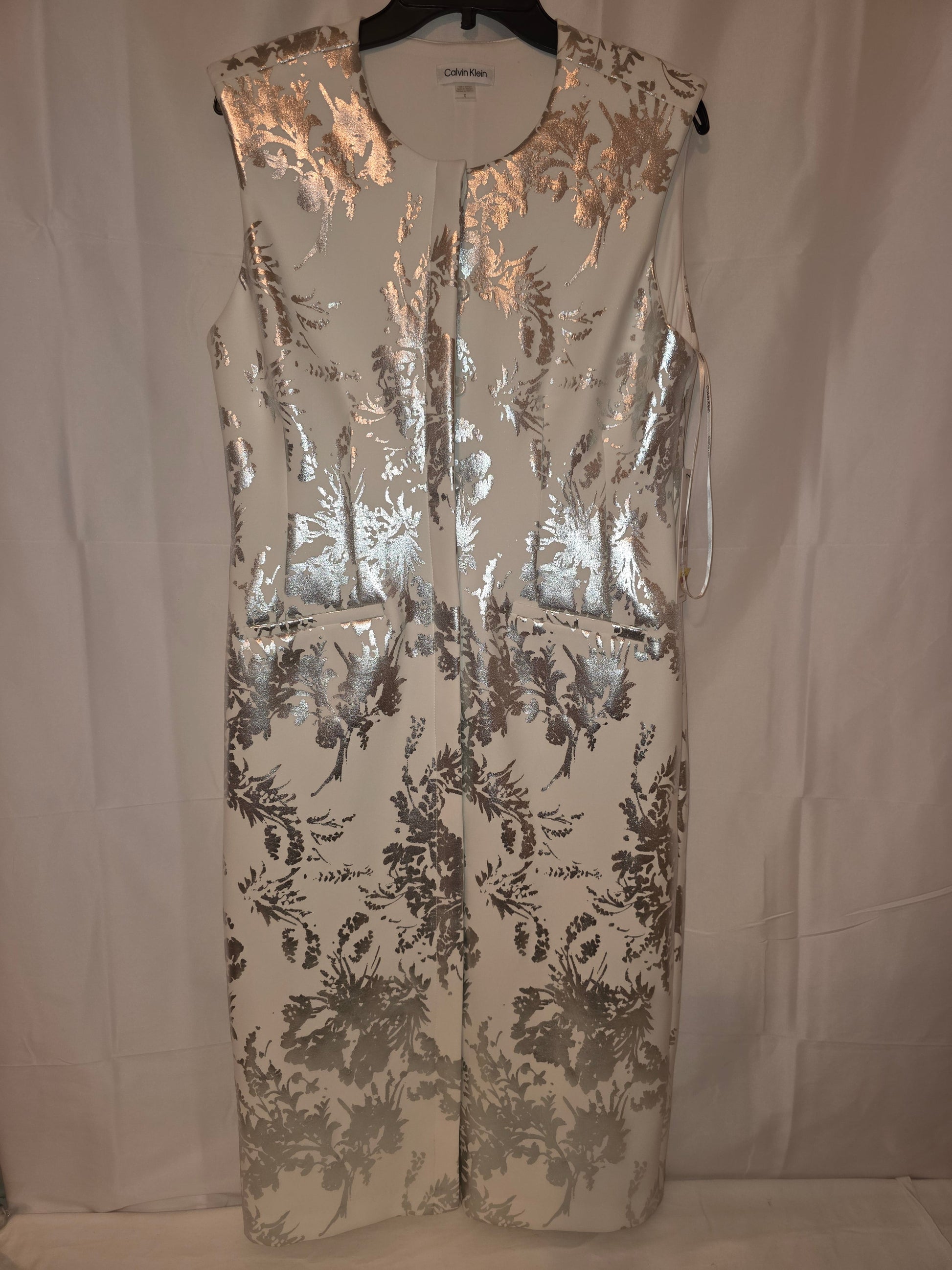 Calvin Klein Sleeveless White & Silver Metallic Floral Sheath Dress Size 12 - All Seasons Curves