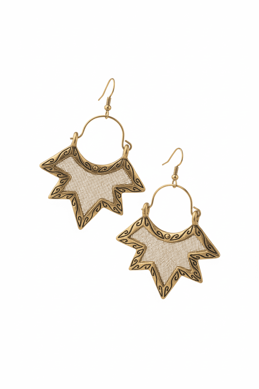 Artisan Brass Fan Dangle Earrings with Tribal Filigree - All Seasons Curves