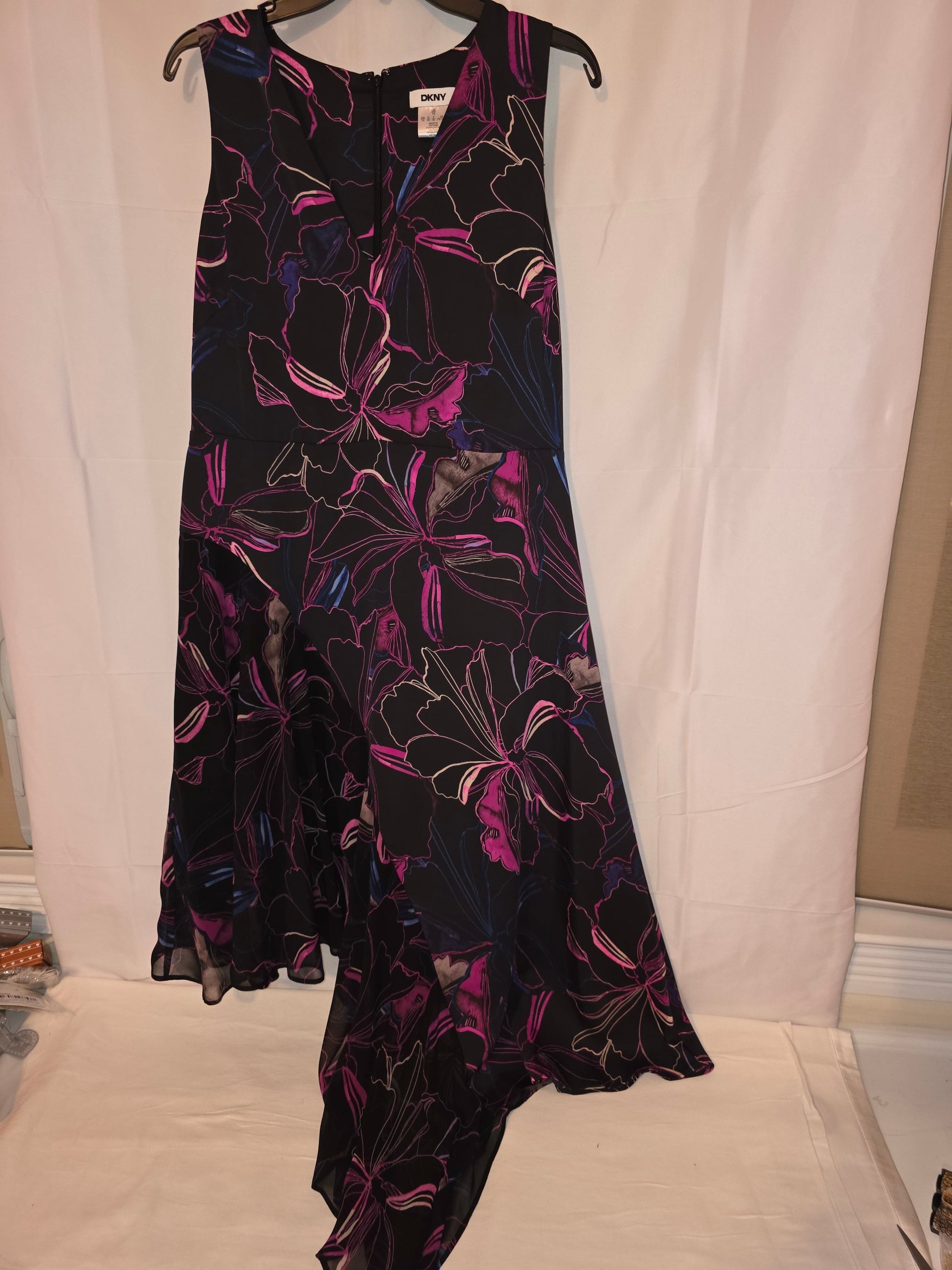 DKNY Pink Floral Sleeveless Asymmetrical Midi Dress Size 10 - All Seasons Curves