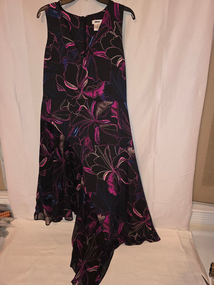 DKNY Pink Floral Sleeveless Asymmetrical Midi Dress Size 10 - All Seasons Curves