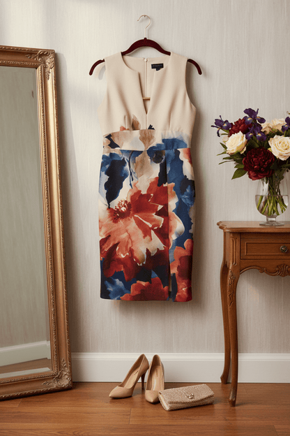 Donna Karan New York Cream & Red/Blue Floral Sleeveless Sheath Dress Size 10 - All Seasons Curves