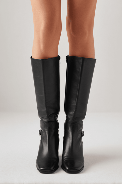 Slightly worn classic black leather knee - high boots - All Seasons Curves