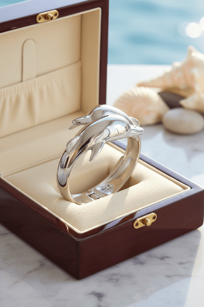 Silver - Tone Dual Dolphin Hinged Bangle Bracelet - All Seasons Curves
