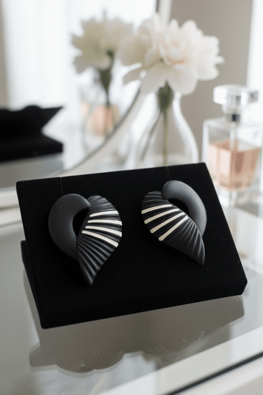 Black and white art - deco style fan earrings, - All Seasons Curves
