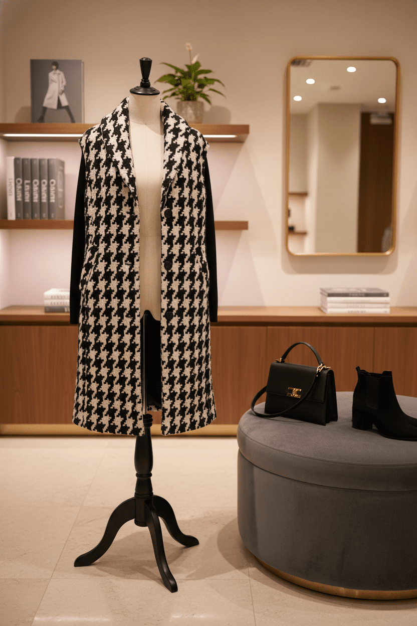 Slightly worn Kenneth Cole Black & White Houndstooth Long Vest Coat - All Seasons Curves