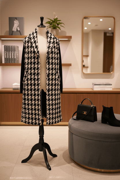 Slightly worn Kenneth Cole Black & White Houndstooth Long Vest Coat - All Seasons Curves