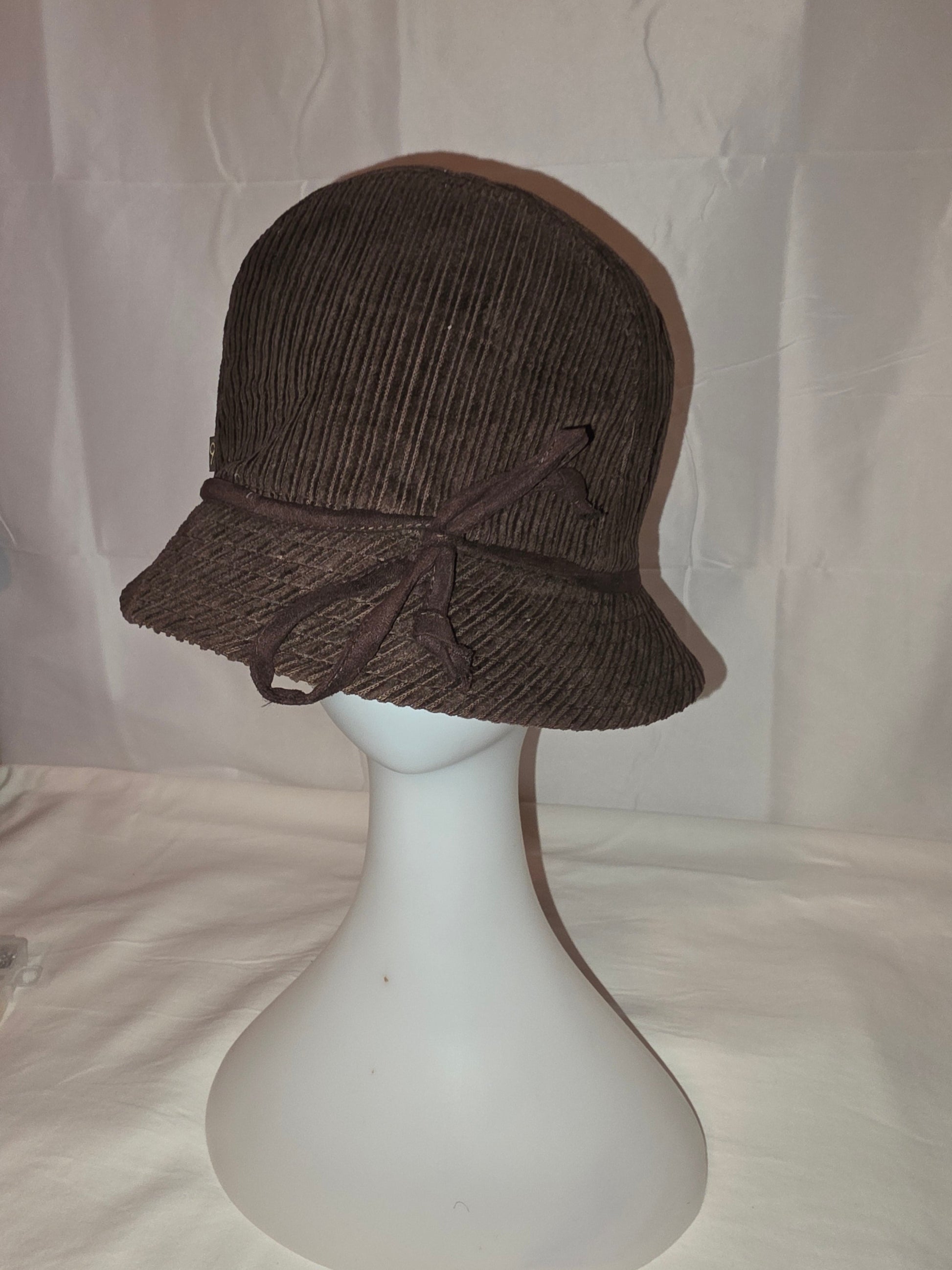 Rich Brown Corduroy Cloche Bucket Hat with Tie Detail - All Seasons Curves