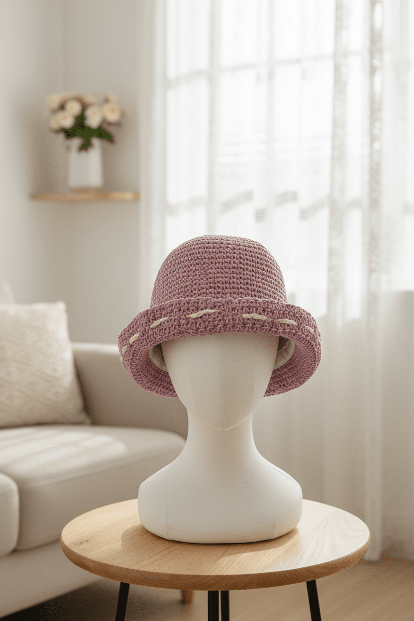 Chic Lavender Crocheted Bucket Hat with White Accent Stitching - All Seasons Curves