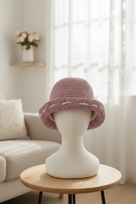 Chic Lavender Crocheted Bucket Hat with White Accent Stitching - All Seasons Curves
