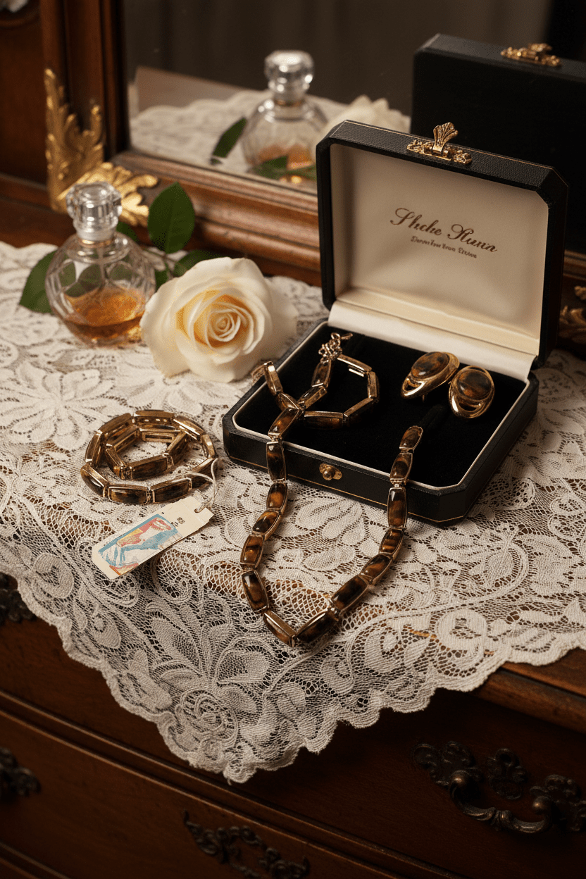 Vintage - Inspired Gold - Tone & Brown "FI." Barrel Link Jewelry Set (Necklace, Bracelet, & Earrings) - All Seasons Curves