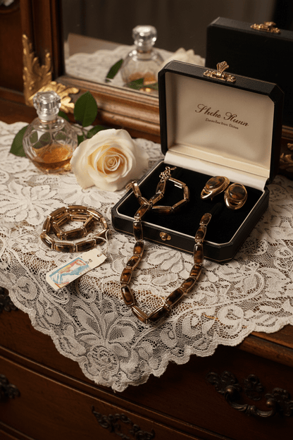 Vintage - Inspired Gold - Tone & Brown "FI." Barrel Link Jewelry Set (Necklace, Bracelet, & Earrings) - All Seasons Curves