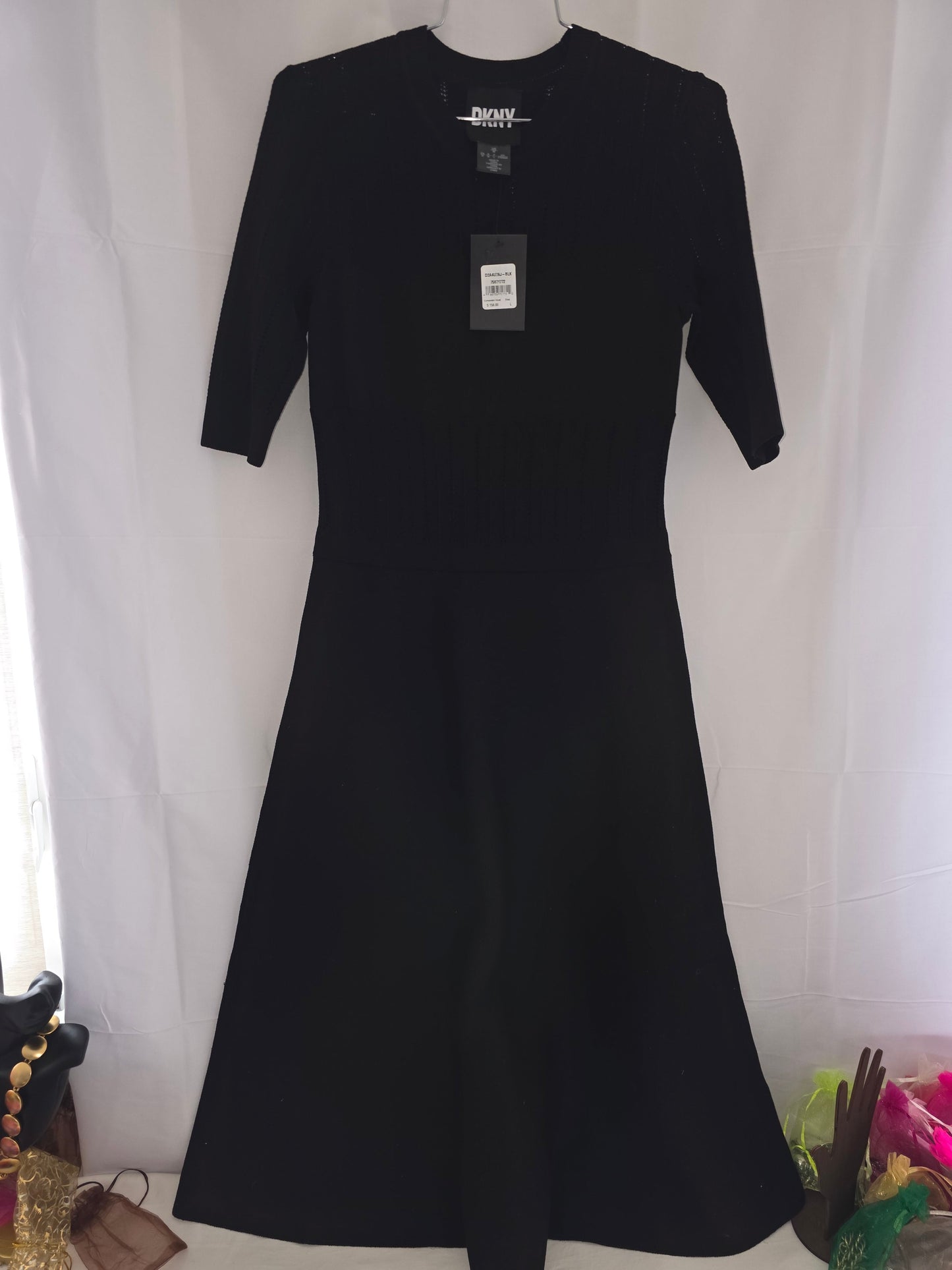 Brand New DKNY Classic Black Knit A - Line Midi Dress with 3/4 Sleeves Size L - All Seasons Curves