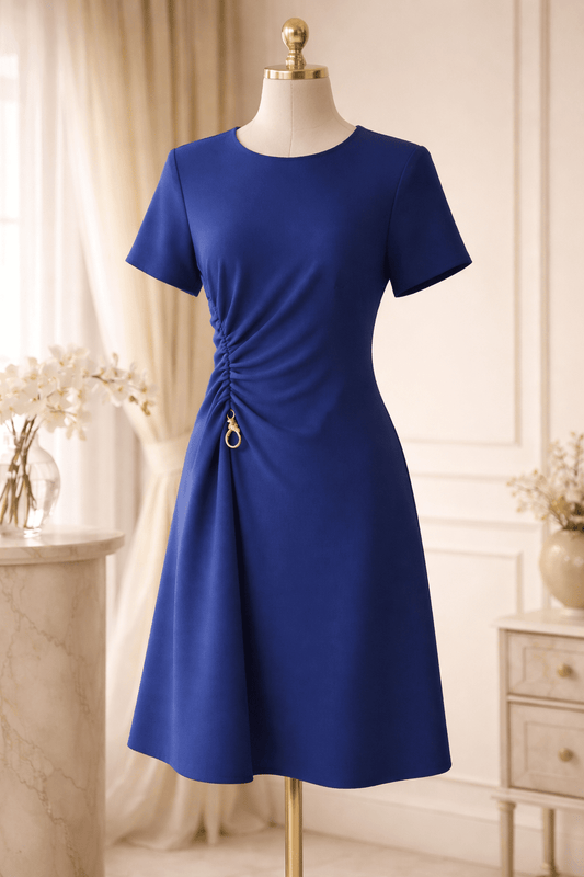 NWT Donna Karan New York Chic Blue Crepe A - Line Dress with Gold - Tone Accent Size 10 - All Seasons Curves