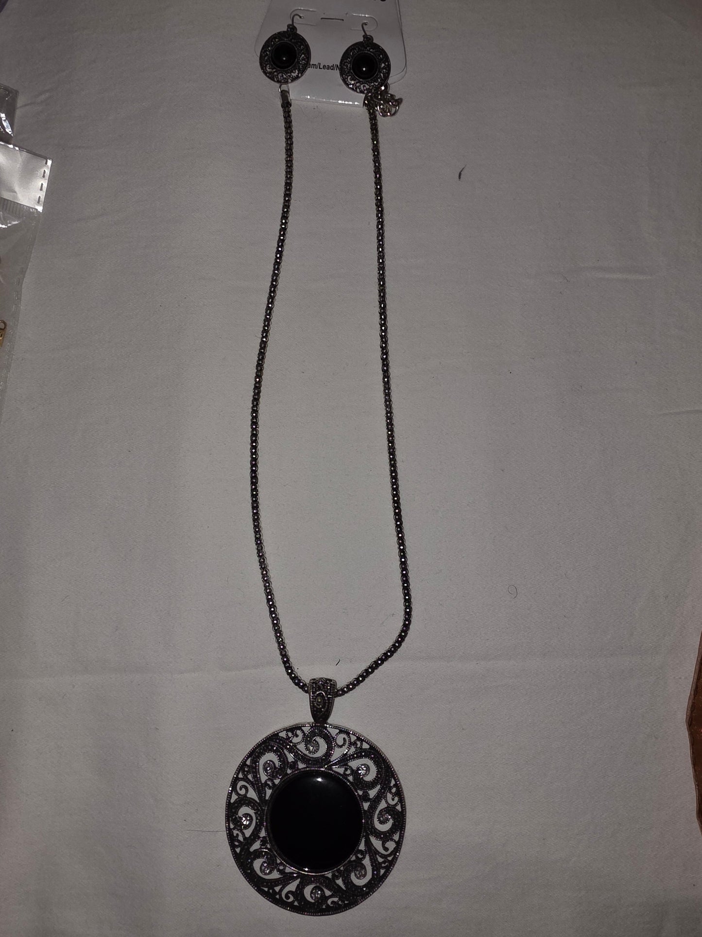 Vintage Silver - Tone & Black Onyx Style Locket Jewelry Set (Necklace, Brooch/Pin, & Earrings) - All Seasons Curves