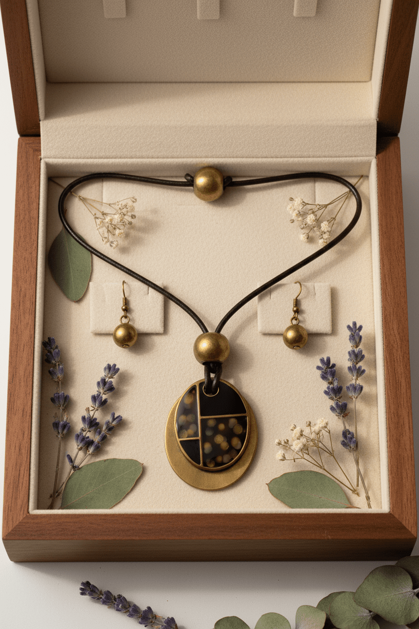 Abstract Oval Pendant Necklace & Stud Earring Set - All Seasons Curves