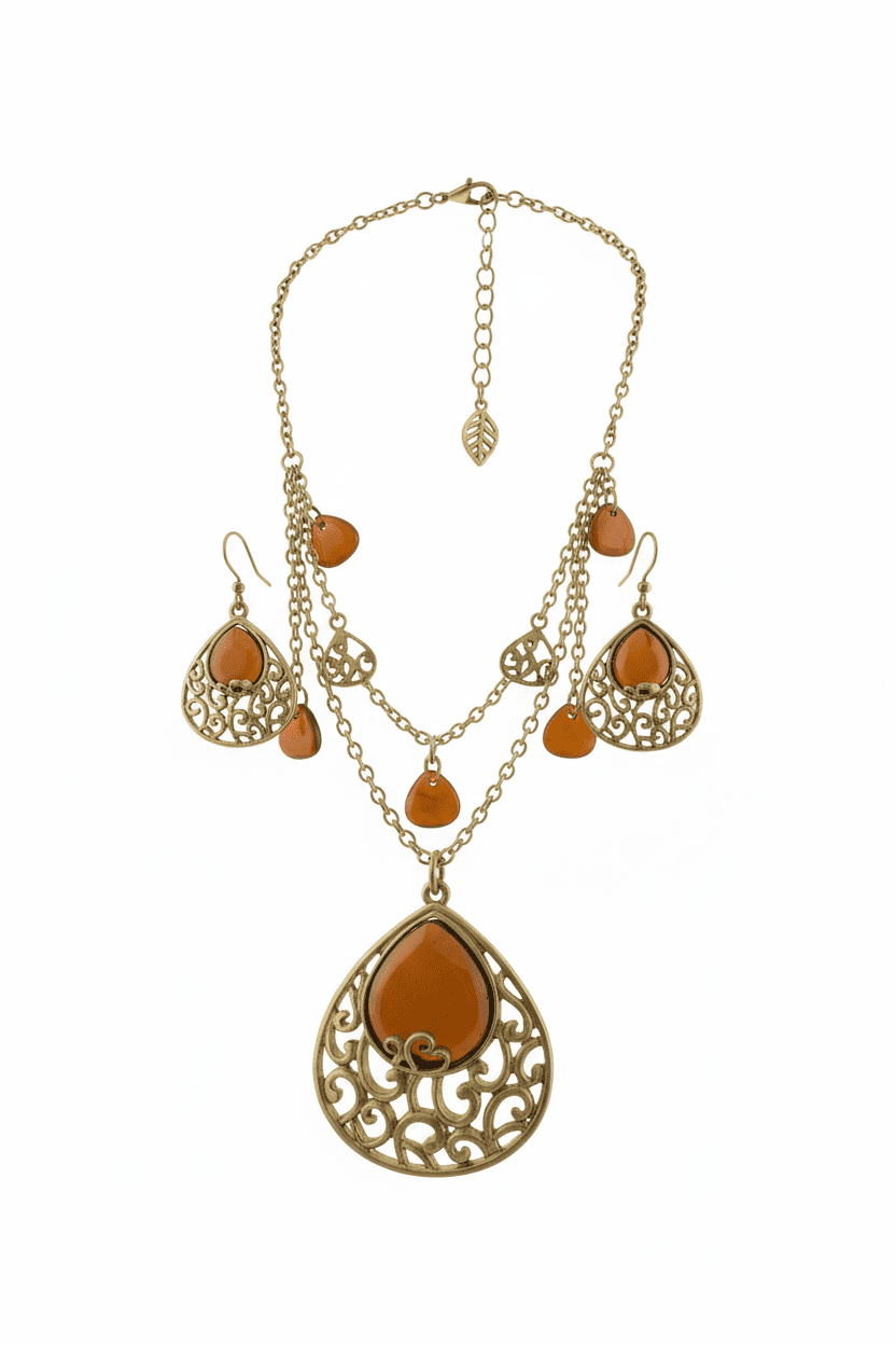 Bohemian Amber - Tone Teardrop Necklace & Earring Set with Filigree Accents - All Seasons Curves