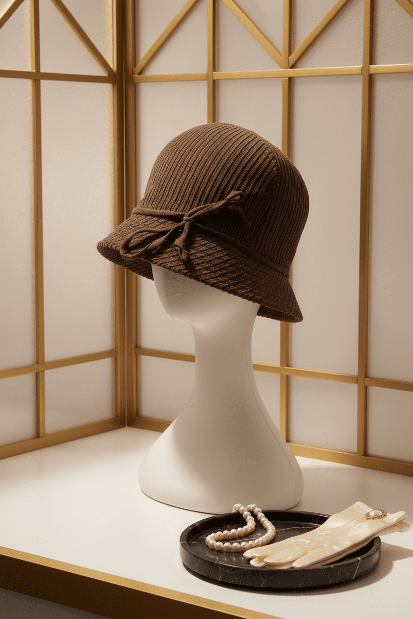 Rich Brown Corduroy Cloche Bucket Hat with Tie Detail - All Seasons Curves