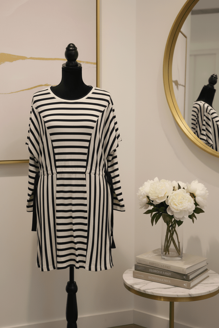 NWT Parker Navy and White Striped Drawstring Tunic Top/Mini Dress Size M - All Seasons Curves