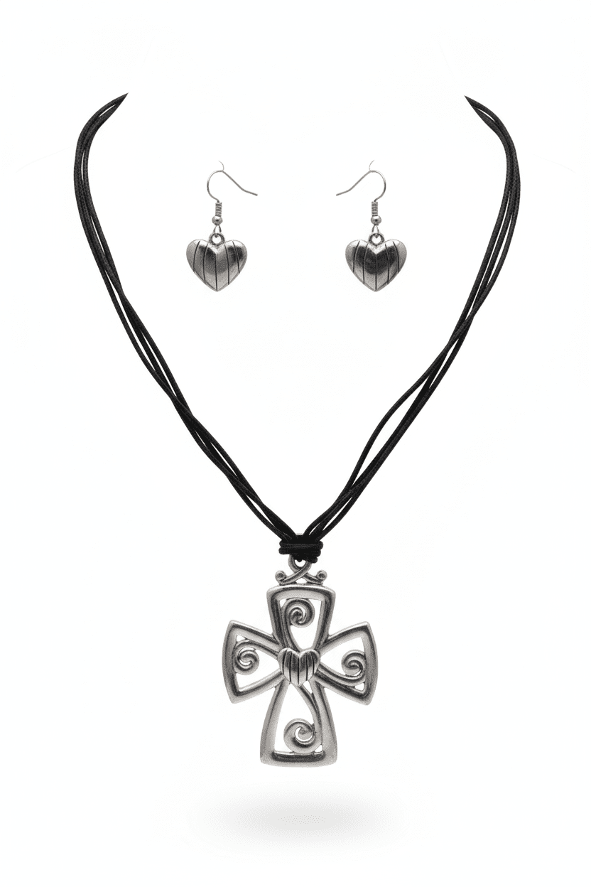 Silver - Tone Cross Pendant and Ribbed Heart Earrings Jewelry Set - All Seasons Curves