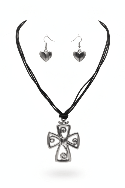 Silver - Tone Cross Pendant and Ribbed Heart Earrings Jewelry Set - All Seasons Curves