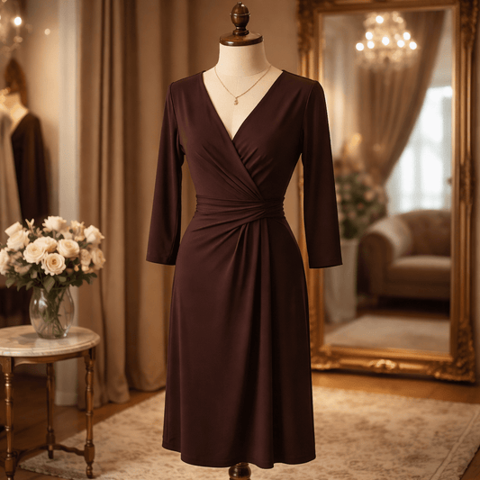 Slightly worn BCBG Brown Ruched Faux Wrap Midi Dress with 3/4 Sleeves Size Small - All Seasons Curves