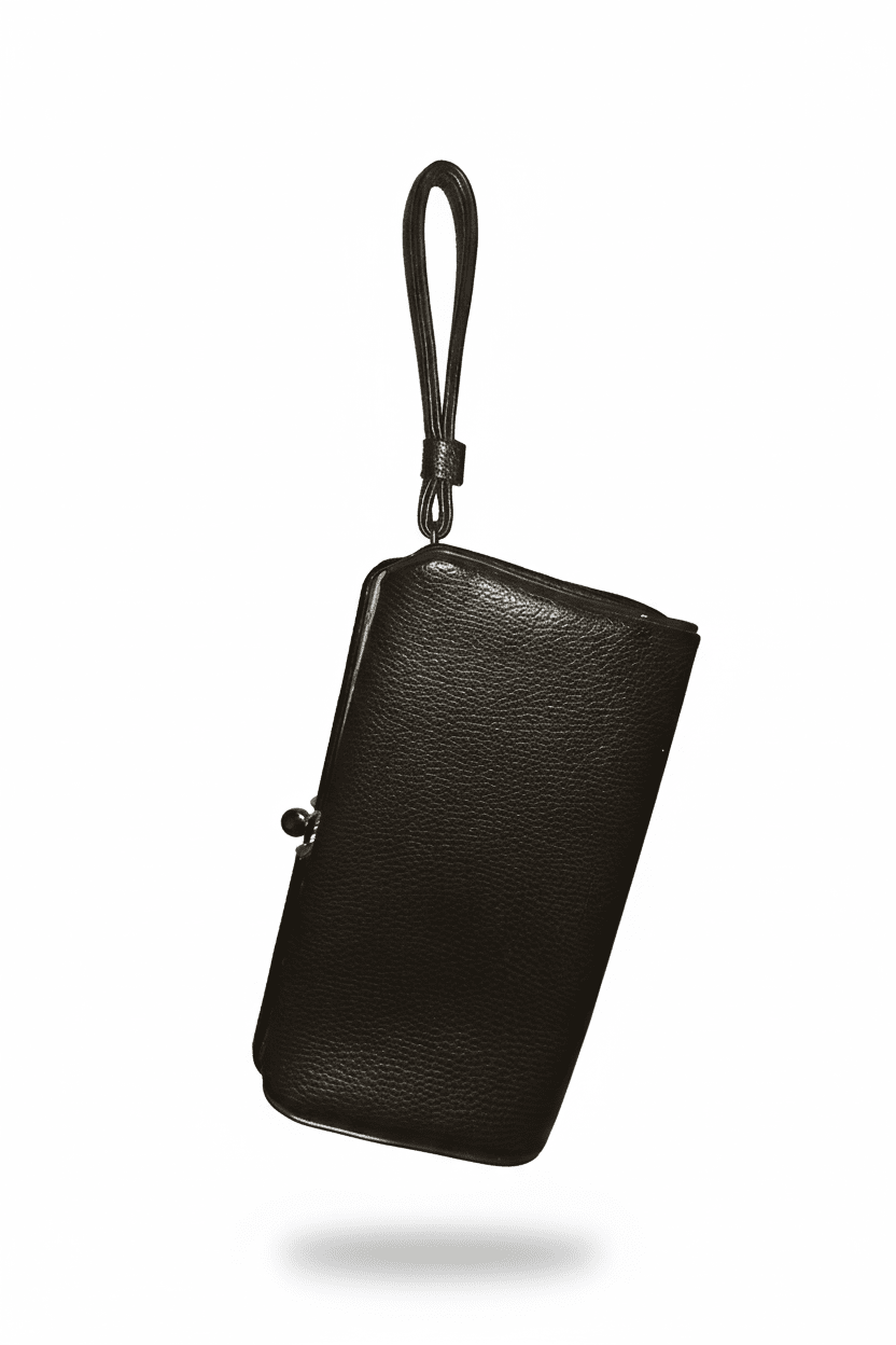 Classic Grained Leather Wristlet Clutch with Kiss - Lock Closure - All Seasons Curves