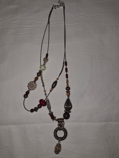 Bohemian Multi - Strand Mixed Bead Statement Necklace with Carved Pendant - All Seasons Curves