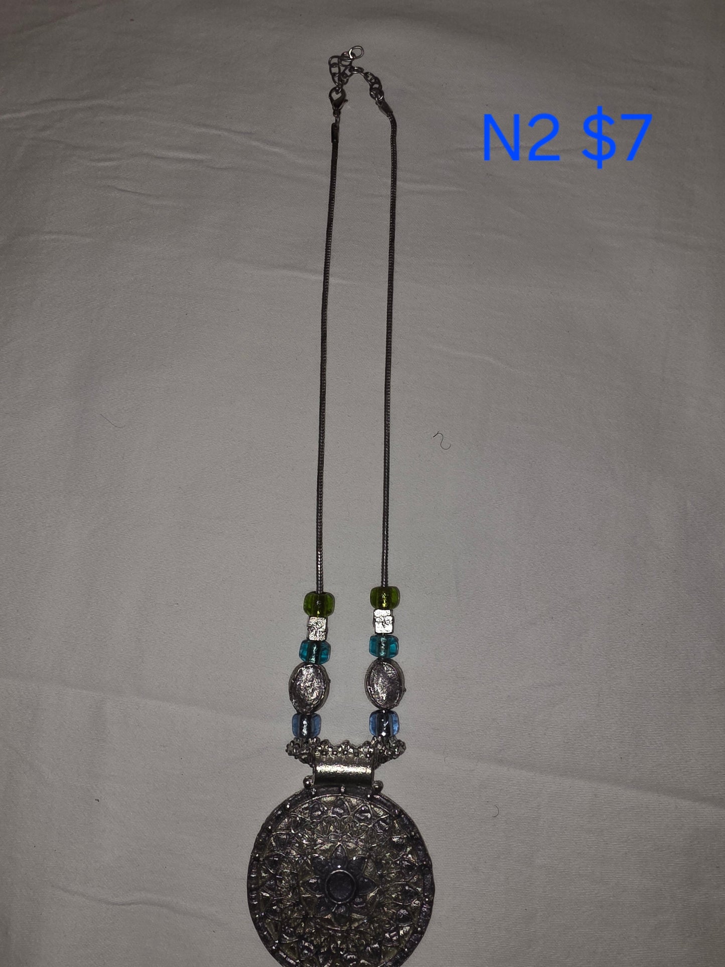 Ornate Bohemian Filigree Statement Necklace with Green & Blue Beads - All Seasons Curves