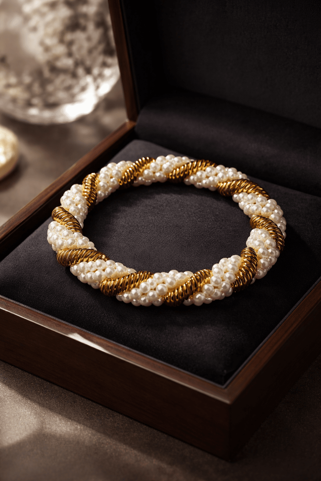 Elegant Faux Pearl and Gold - Tone Coiled Wire Bracelet - All Seasons Curves