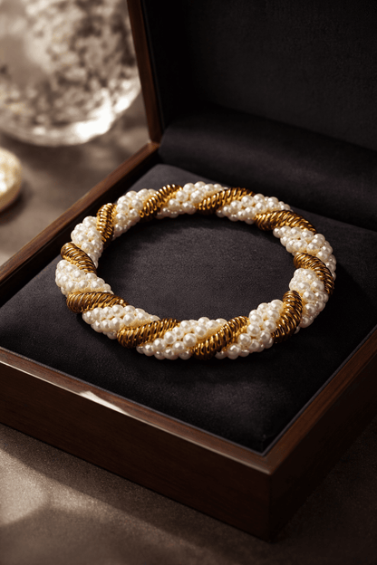 Elegant Faux Pearl and Gold - Tone Coiled Wire Bracelet - All Seasons Curves