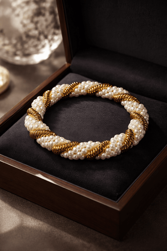 Elegant Faux Pearl and Gold - Tone Coiled Wire Bracelet - All Seasons Curves
