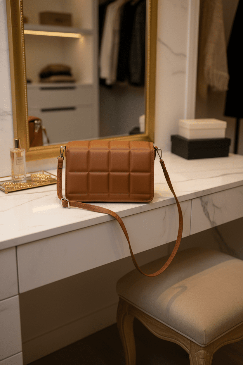 Chic Brown Puffy Square - Quilt Crossbody Bag - All Seasons Curves