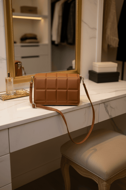 Chic Brown Puffy Square - Quilt Crossbody Bag - All Seasons Curves