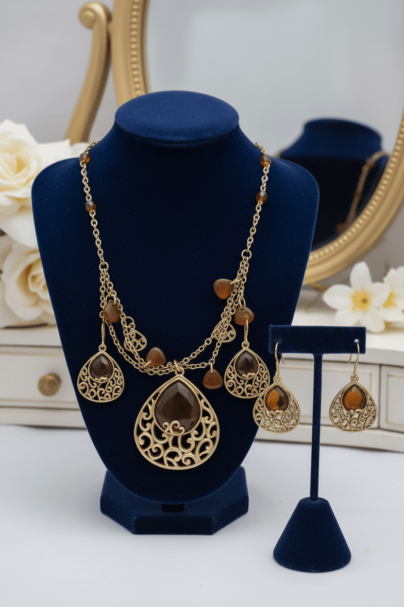 Bohemian Amber - Tone Teardrop Necklace & Earring Set with Filigree Accents - All Seasons Curves