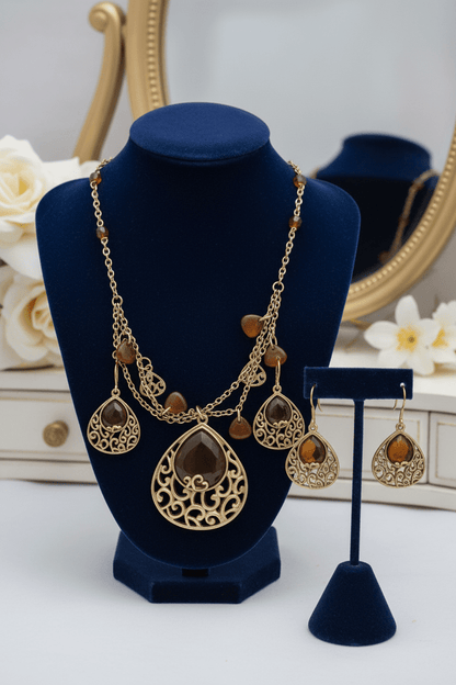 Bohemian Amber - Tone Teardrop Necklace & Earring Set with Filigree Accents - All Seasons Curves