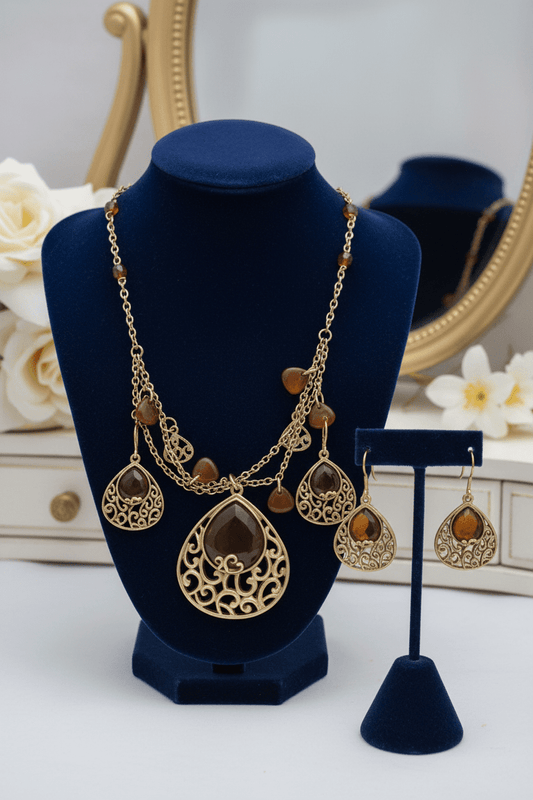 Bohemian Amber - Tone Teardrop Necklace & Earring Set with Filigree Accents - All Seasons Curves