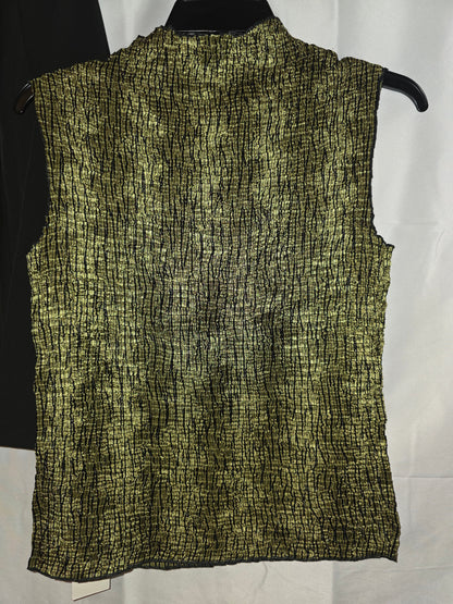 Chic Crushed Metallic Gold & Black Plissé Mock - Neck Sleeveless Top Size Large - All Seasons Curves