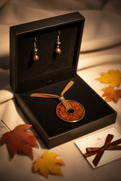 Boho Amber Colored Resin Ring Pendant Necklace & Earring Set - All Seasons Curves