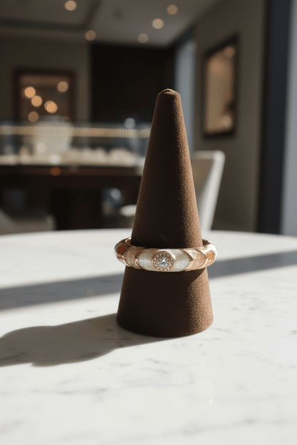 Bohemian Gold - Tone Hinged Bangle with Mother - of - Pearl & Enamel Inlay - All Seasons Curves