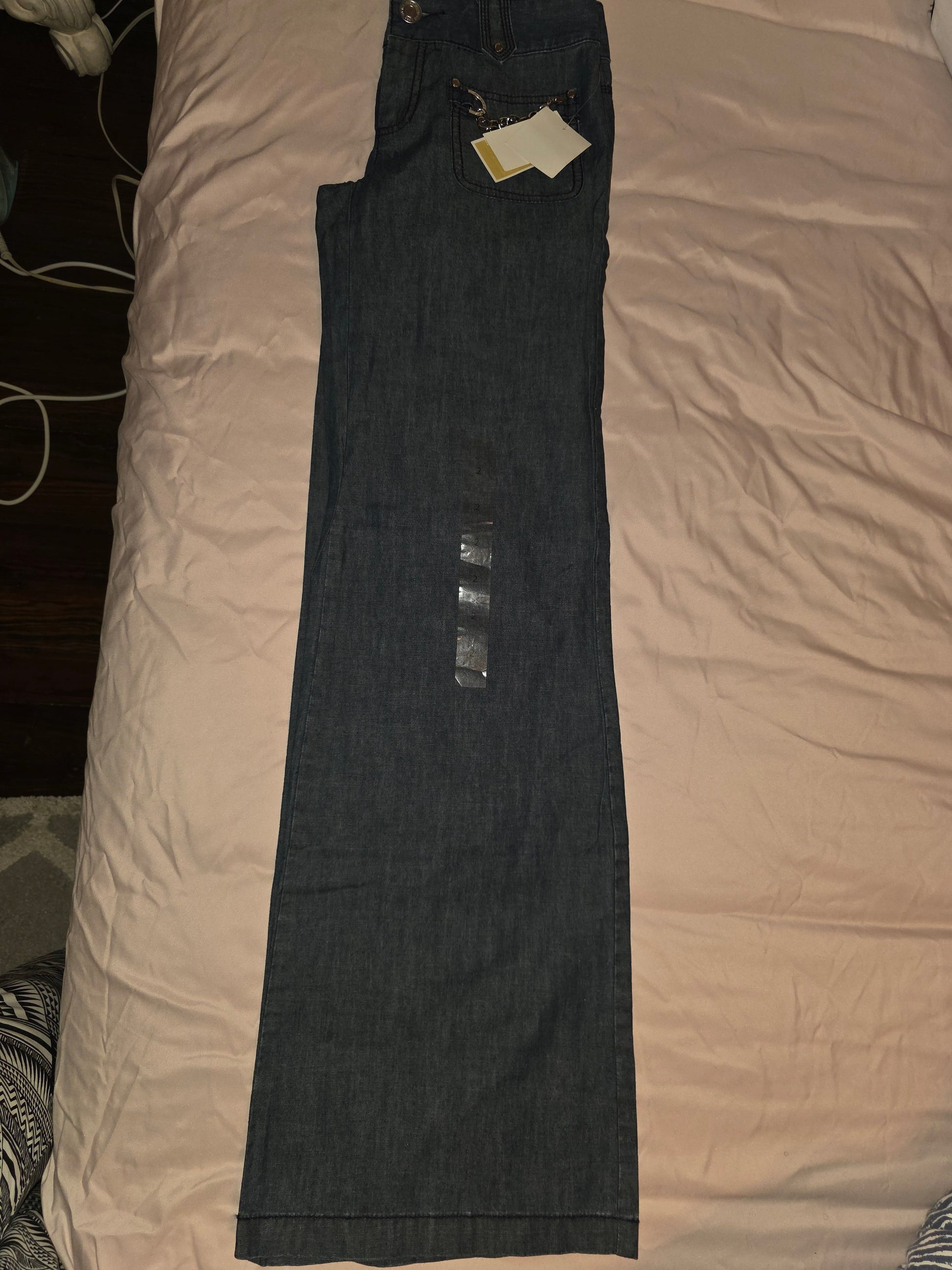 Brand New MICHAEL Michael Kors Wide - Leg Denim Jeans with Gold - Tone Chain Detail Size 2 - All Seasons Curves
